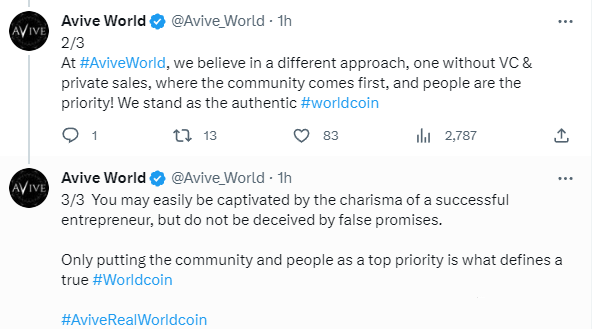 图片[2]-Avive认为Woldcoin（世界币）只是部分富人的币，VV才是真正的世界币